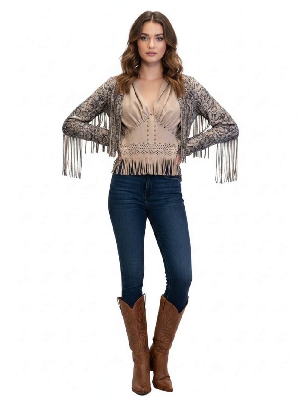 Snake printed jacket, matching sleevless studded top.